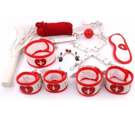 Набор: наручники, оковы, маска, кляп, плеть,ошейник с поводком, верёвка, фиксатор, зажимы для сосков