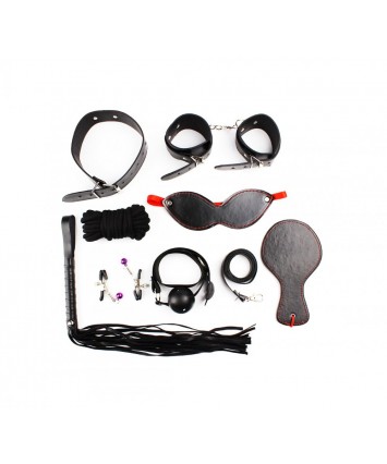 Набор: наручники, маска, кляп, плеть, шлепалка, ошейник с поводком, верёвка, зажимы для сосков